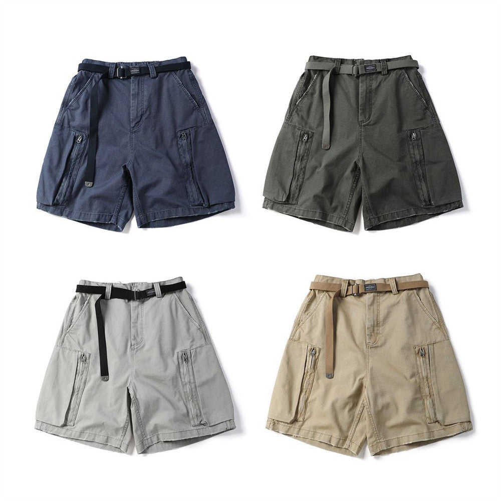 Four pairs of belted cargo shorts in navy, olive, gray, and khaki with zip pockets