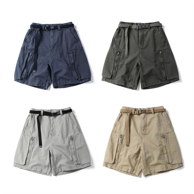Four pairs of belted cargo shorts in navy, olive, gray, and khaki with zip pockets