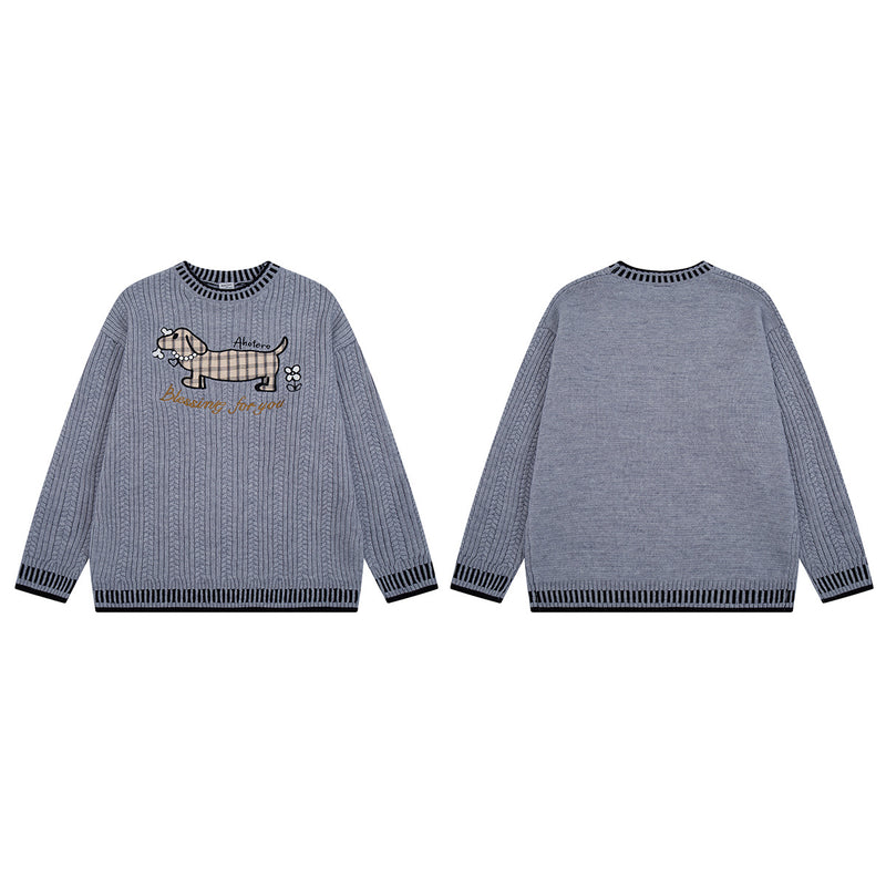 Zopfstrickpullover mit Dackel-Stickerei – Pullover mit Streifenbesatz