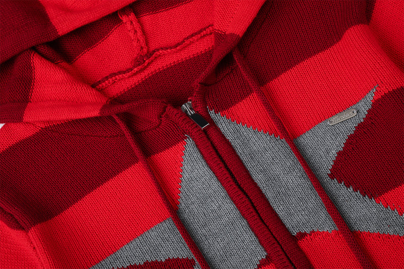 Striped Knit Zip-Up Hoodie with Star Graphic – Cropped Retro Sweater