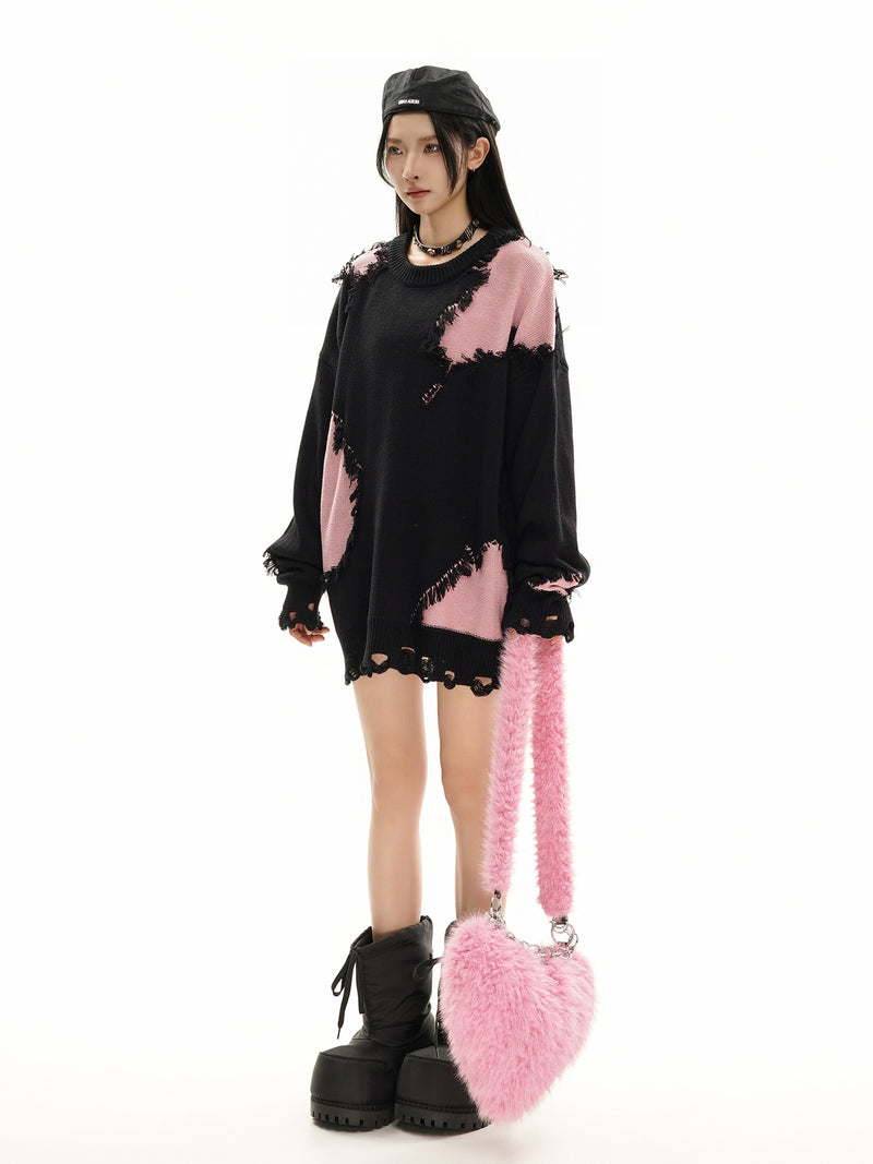 Pull en maille color block effet usé – Pull oversize à franges, style high-street