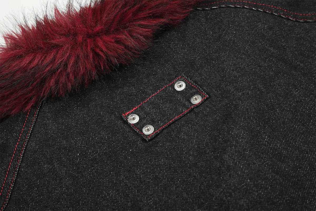 Black Denim Fur Collar Padded Jacket with Red Trim & Snap Buttons