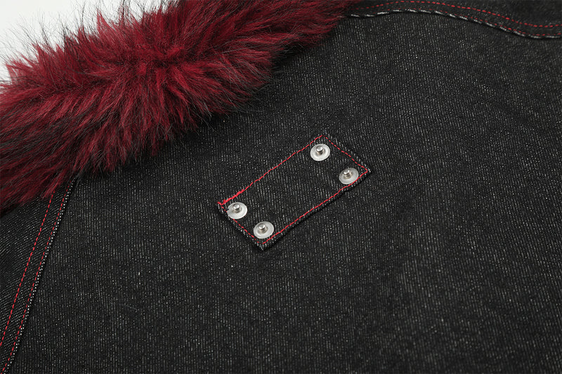 Black Denim Fur Collar Padded Jacket with Red Trim & Snap Buttons