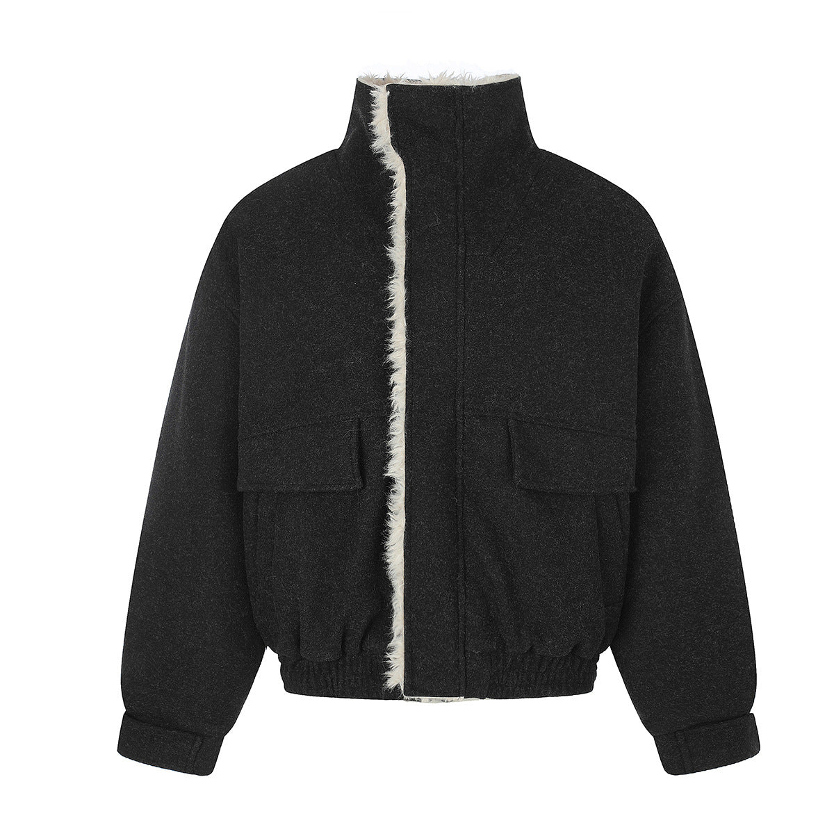 Wool-Blend Bomber Jacket with Sherpa Lining and Fleece Collar Trim