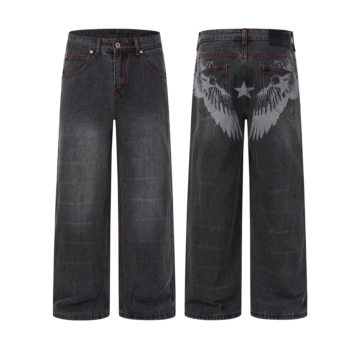 Wide-Leg Jeans Washed Black Gothic Wing Print with Red Contrast Stitching