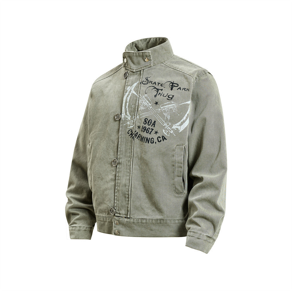 Men's Canvas Work Jacket – Vintage Punk Distressed Stand Collar with Scythe