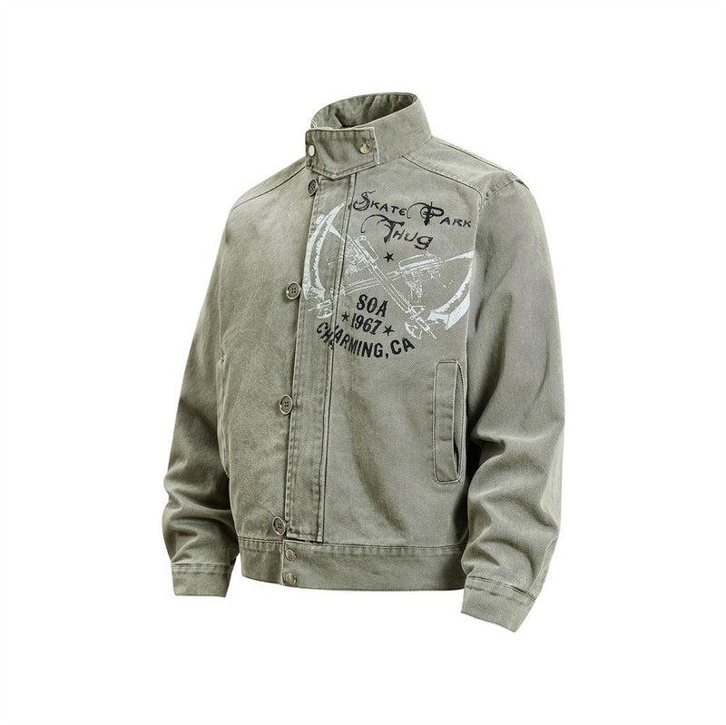 Men's Canvas Work Jacket – Vintage Punk Distressed Stand Collar with Scythe