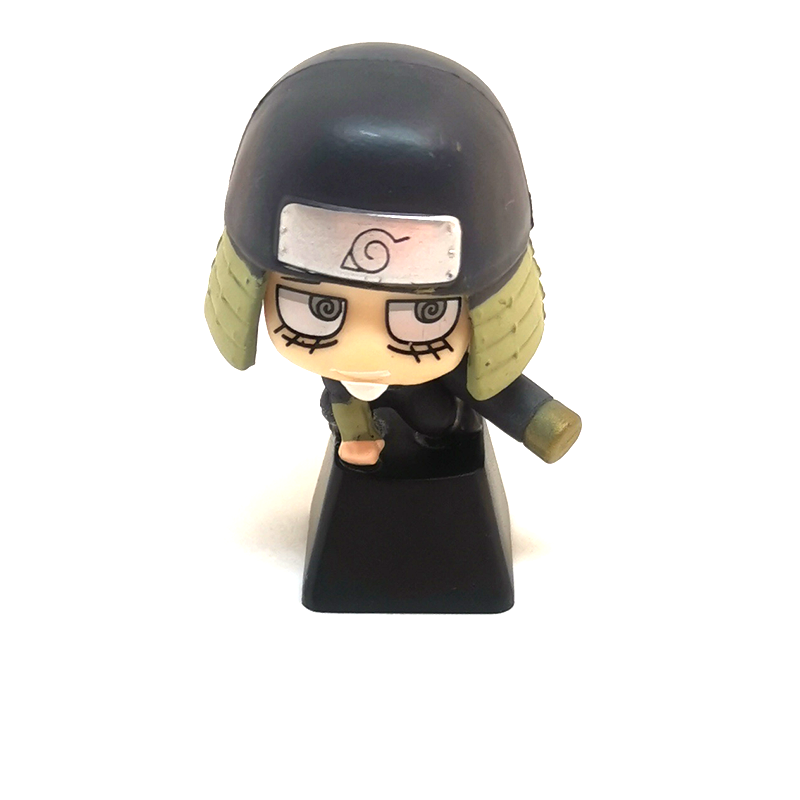 A small figurine of an anime character in the style of Naruto, wearing a black helmet with a silver plate and spiral symbol, with large eyes, clad in black with gray and green accents, stands on a base resembling those from the Ninja Masters Keycap Set – Naruto Characters by Naruto.