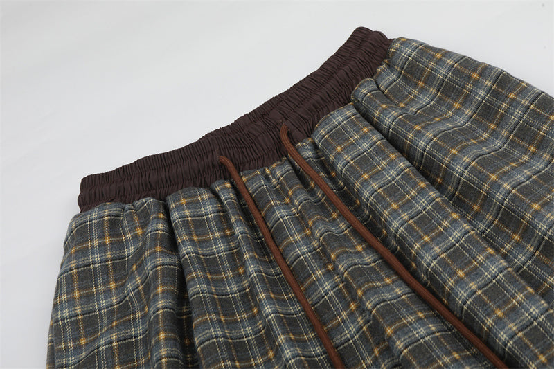 Vintage Plaid Wide-Leg Pants – Oversized Baggy Trousers with Elastic Waist