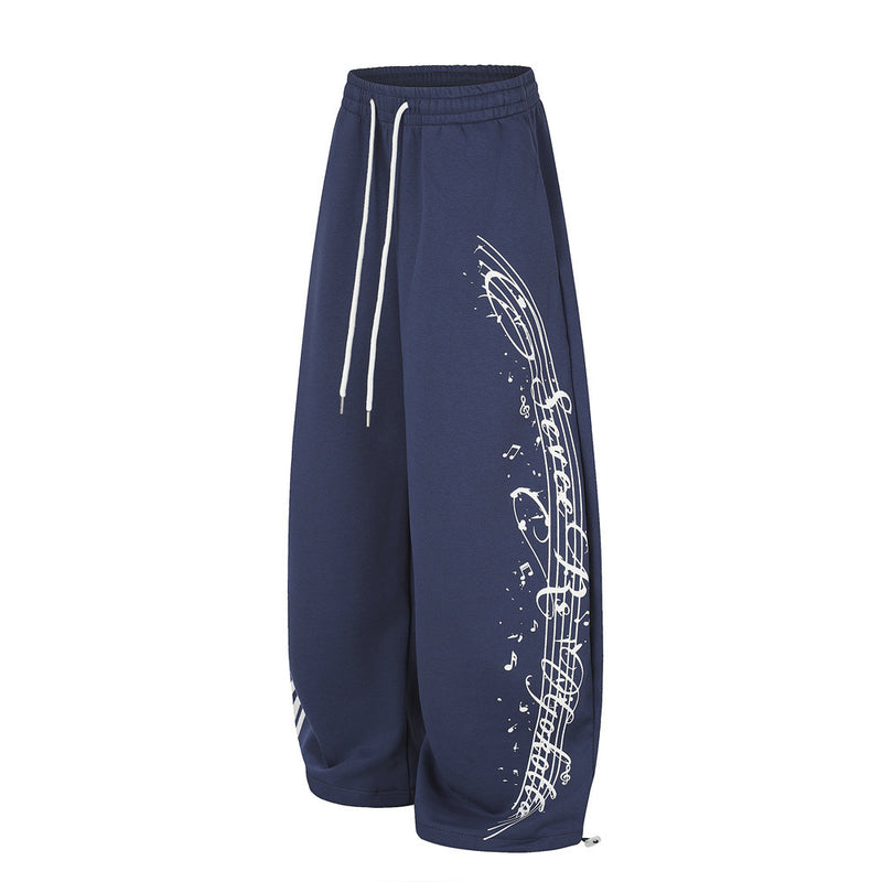Wide-Leg Sweatpants with Side Stripes & Music Note Print
