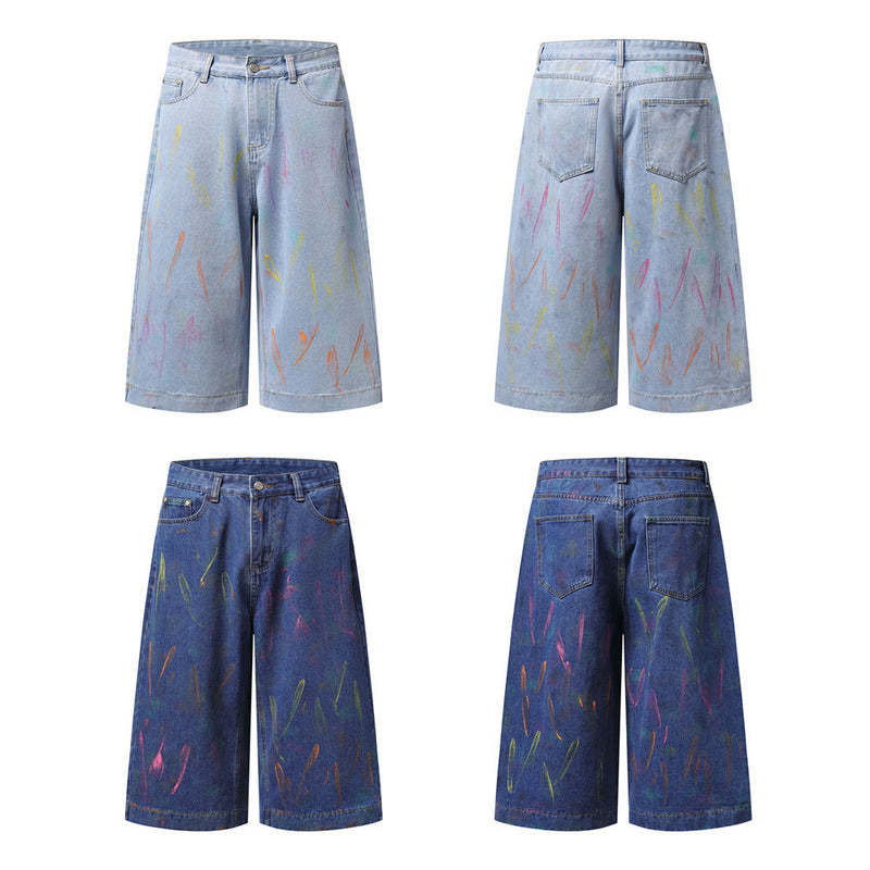 Hand-Painted Graffiti Denim Shorts – Wide-Leg Washed Jean Shorts