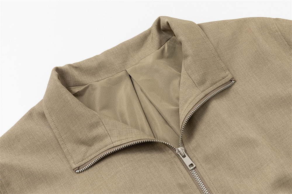 Stand Collar Zip Jacket with Pleated Back & Drawstring Hem — Men's Relaxed Fit
