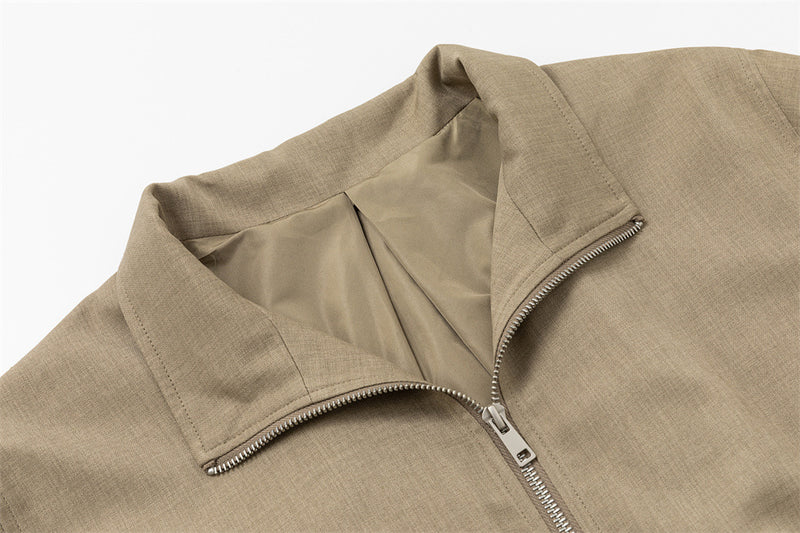 Stand Collar Zip Jacket with Pleated Back & Drawstring Hem — Men's Relaxed Fit