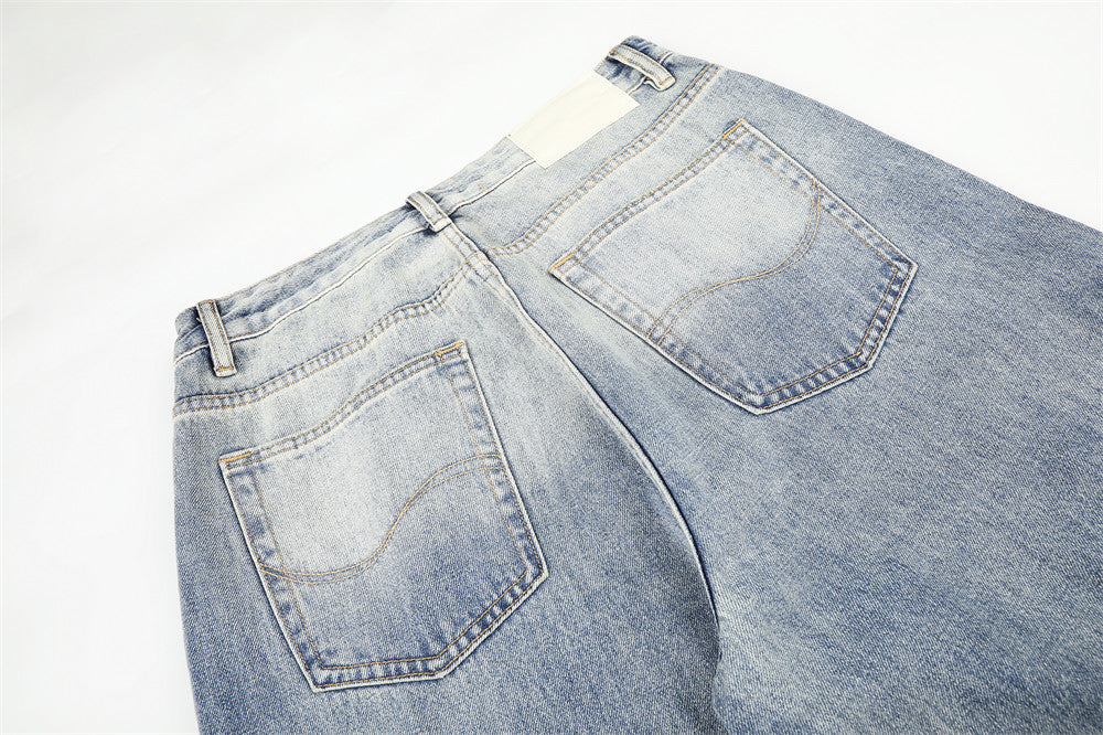 Wide-Leg Distressed Jeans – Men's Light Wash Ripped Straight-Fit Denim