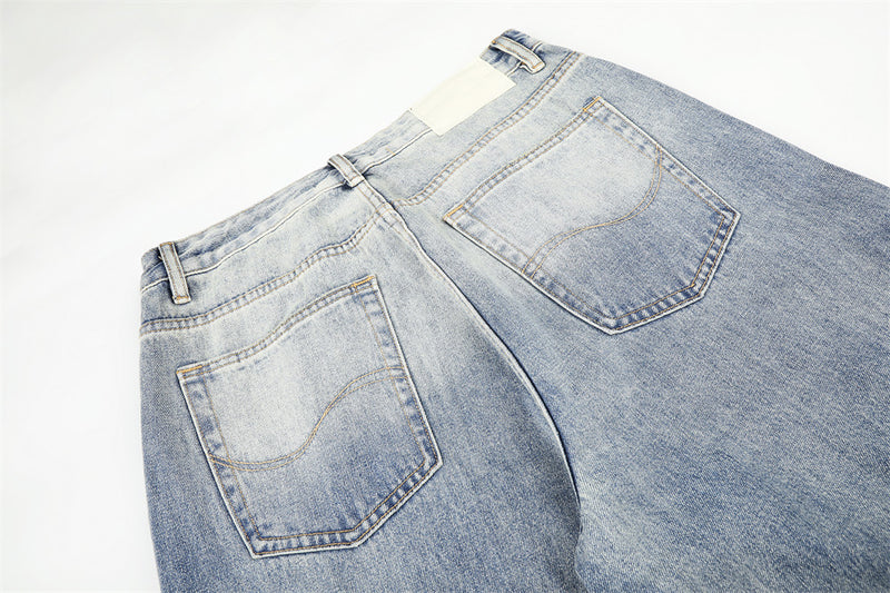 Wide-Leg Distressed Jeans – Men's Light Wash Ripped Straight-Fit Denim