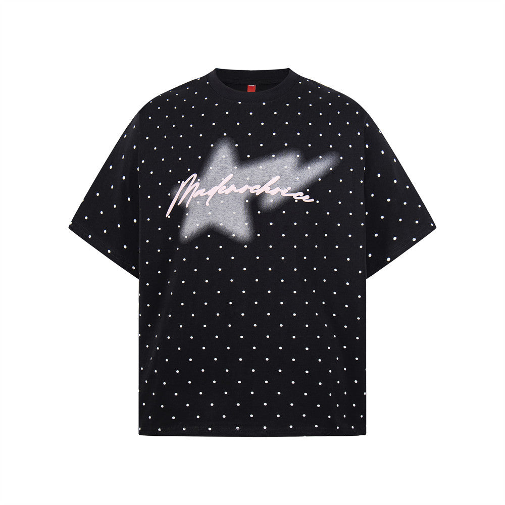 Polka Dot Star Graphic Oversized T-Shirt | Streetwear Crew Neck Tee