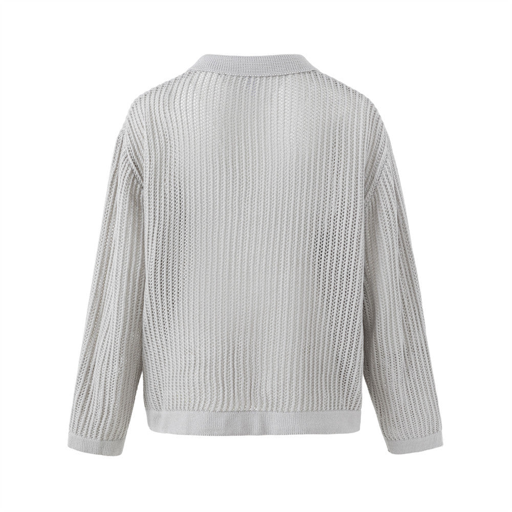 Jacquard Open-Knit Cardigan Sweater – Relaxed Fit with Graphic Tile Pattern