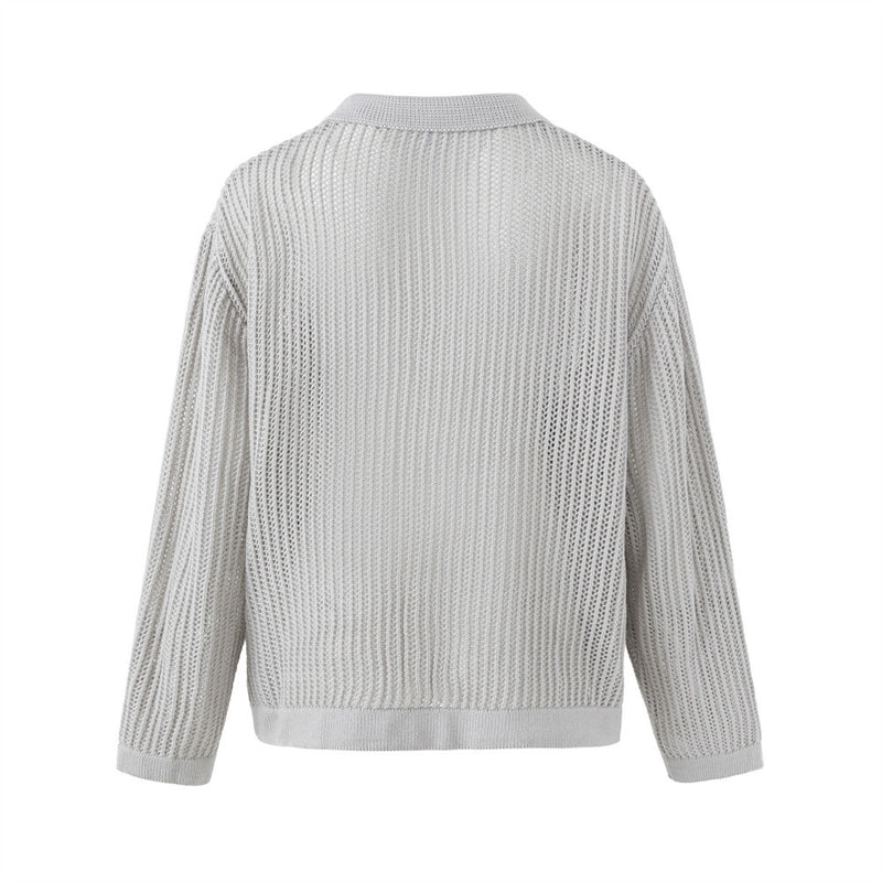 Jacquard Open-Knit Cardigan Sweater – Relaxed Fit with Graphic Tile Pattern