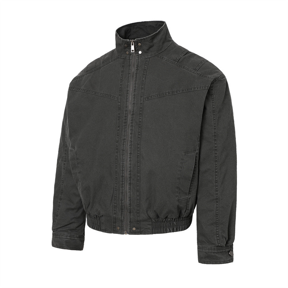 Men's Vintage Washed Stand-Collar Bomber Jacket with Elastic Hem