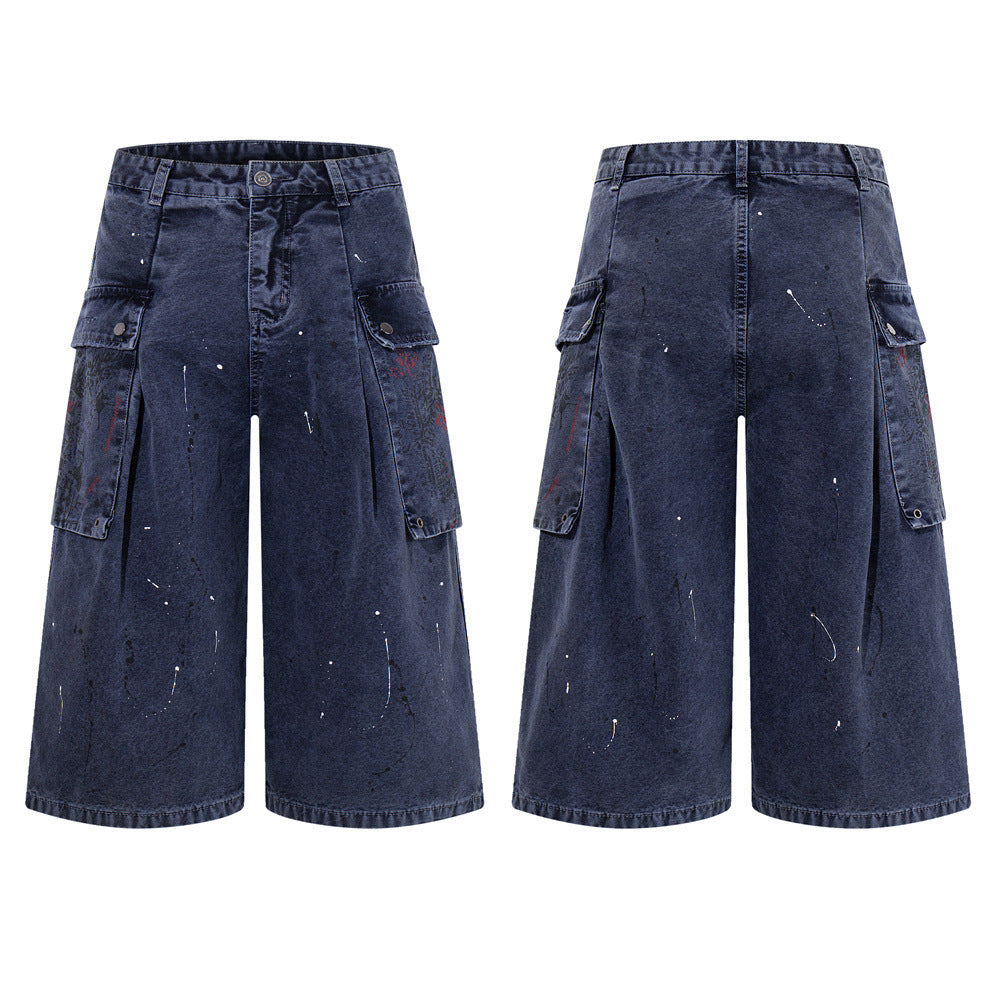 Paint Splatter Cargo Denim Shorts – Wide-Leg Washed Streetwear