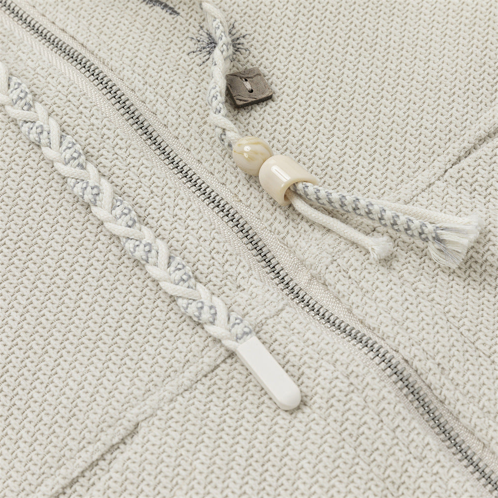 Celestial Embroidered Zip-Up Hoodie – Waffle Knit Oversized Jacket with Moon &
