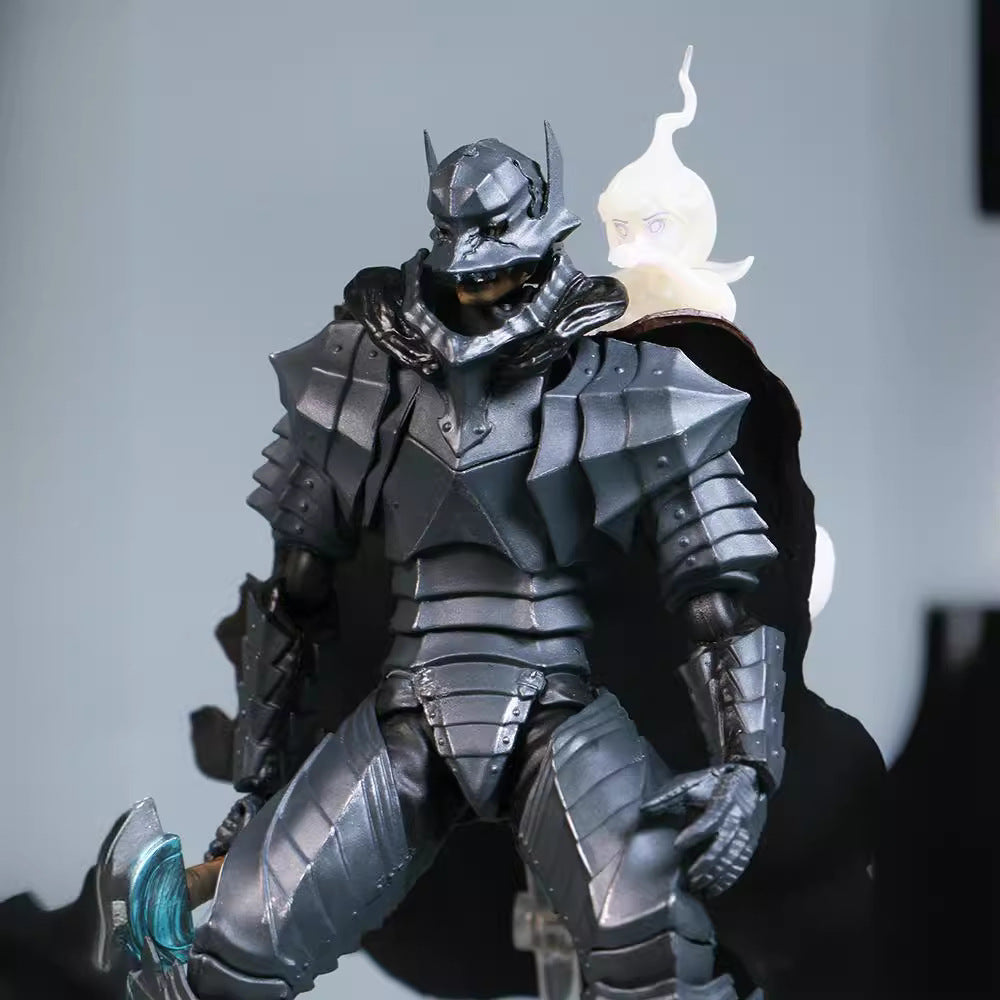 A 16 cm poseable PVC Berserk action figure of Guts in detailed black Berserker Armor holds a translucent weapon, with a ghostly figure on its shoulder, perfect for any fan.