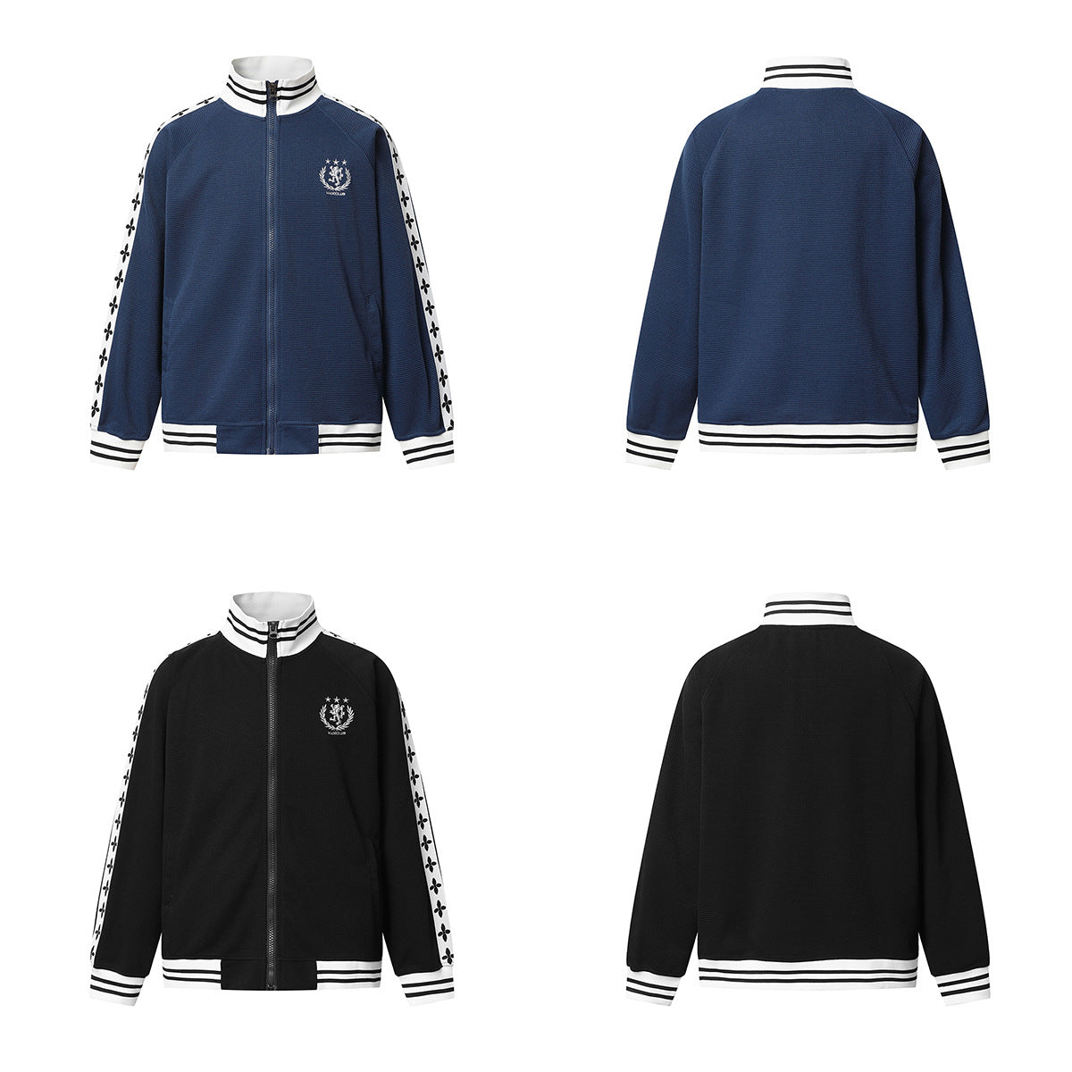 Retro-Trainingsjacken- & Sweathosen-Set – Stehkragen mit Reißverschluss und Fleur-de-Lis-Seitenstreifen