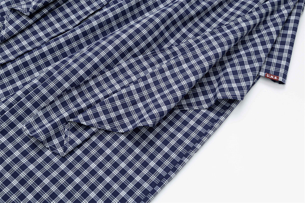 Plaid Wide-Leg Pants with Apron Overlay – Relaxed Fit Japanese Streetwear