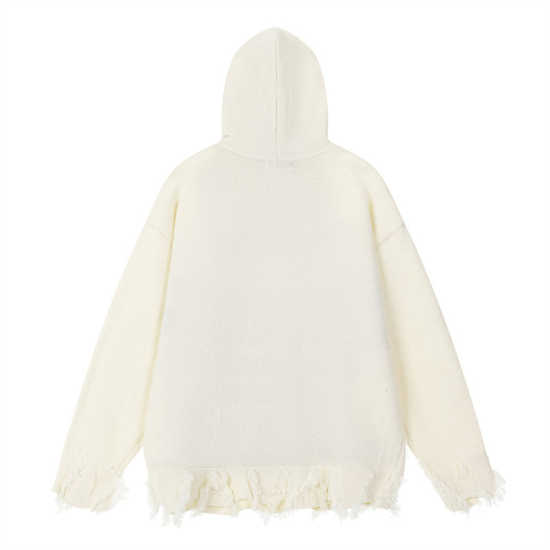 Letter Jacquard Knit Hoodie with Fringe Hem – Streetwear Pullover