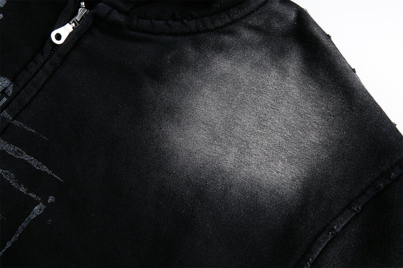 Sweat à capuche zippé délavé – Graphique vintage usé, style street américain