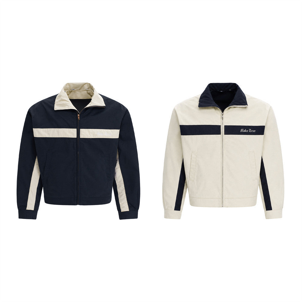 Colorblock Zip-Up Men's Casual Jacket – Two-Tone Contrast Panel