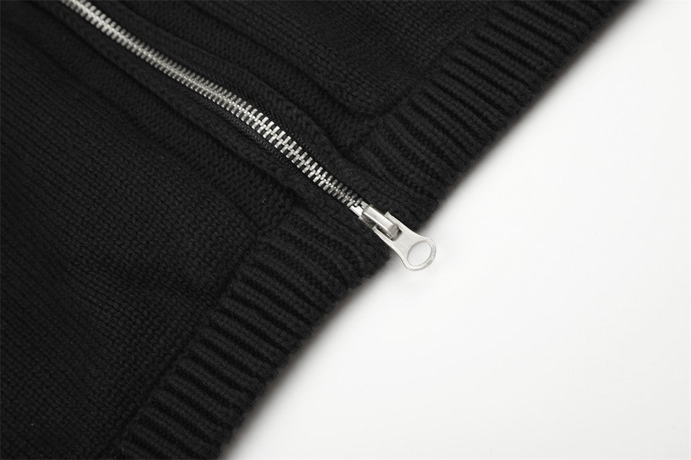 Veste en maille noire pour homme à col montant et zip diagonal asymétrique