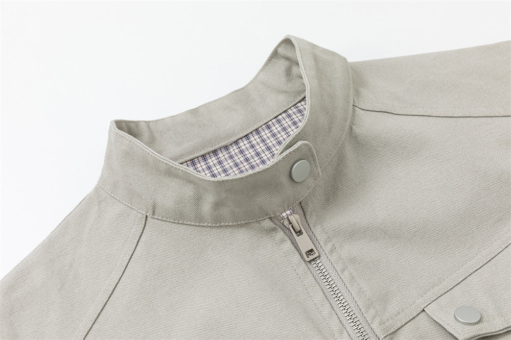 Men's Stand Collar Workwear Jacket with Detachable Plaid Scarf Detail — Light
