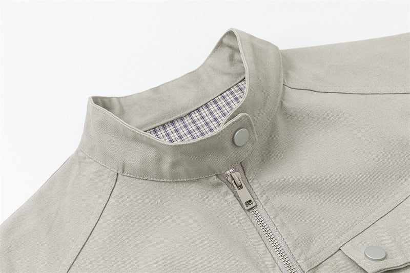 Men's Stand Collar Workwear Jacket with Detachable Plaid Scarf Detail — Light