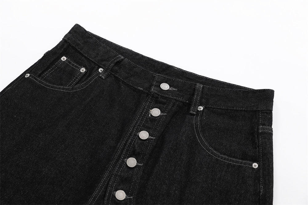Black Denim Wide-Leg Shorts with Diagonal Button Placket