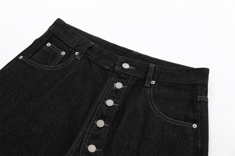 Black Denim Wide-Leg Shorts with Diagonal Button Placket