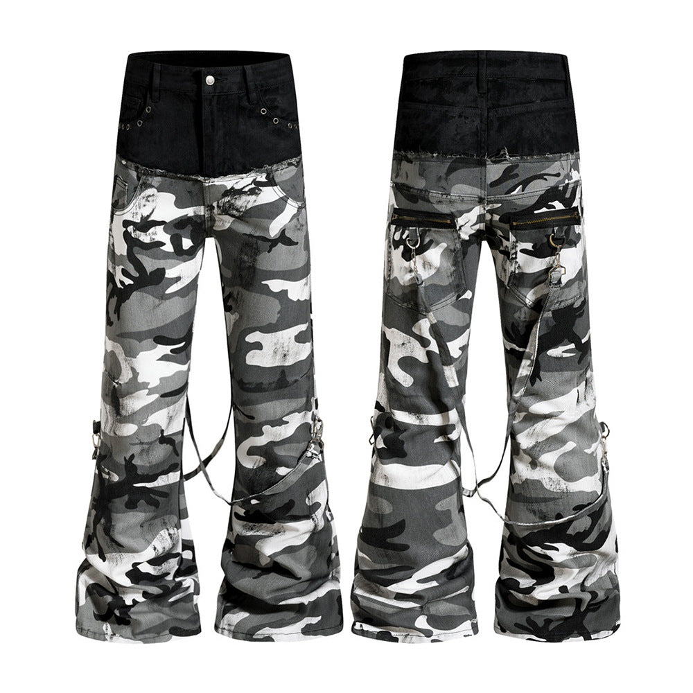 Men's Bell Bottom Pants – Colorblock Camo Punk Flare Trousers with Strap Detail