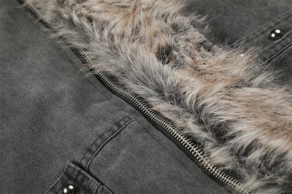 Men's Faux Fur-Lined Bomber Jacket – Studded Workwear Cotton Padded Coat