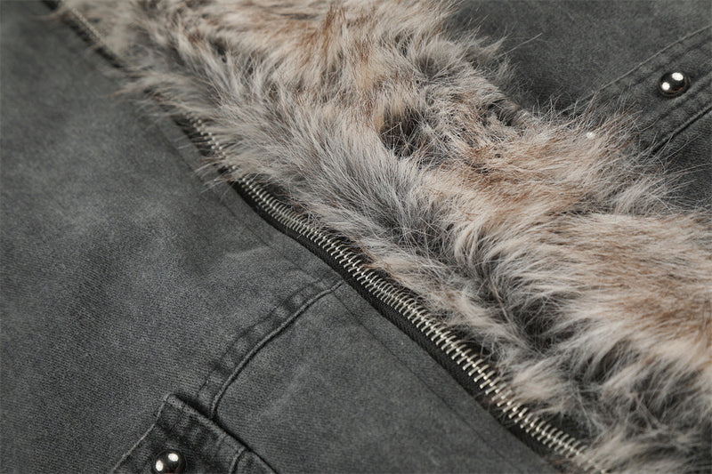 Men's Faux Fur-Lined Bomber Jacket – Studded Workwear Cotton Padded Coat