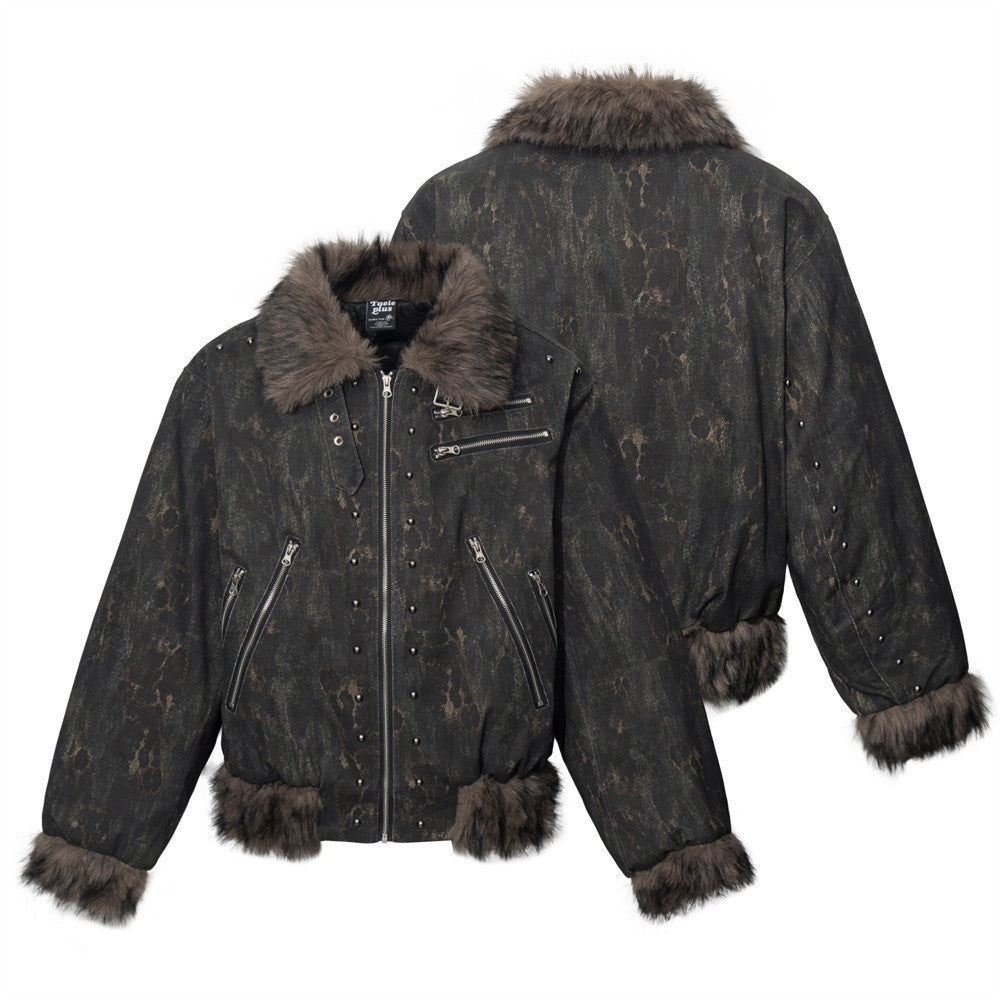 Men's Punk Bomber Jacket with Faux Fur Trim, Distressed Camo Print &