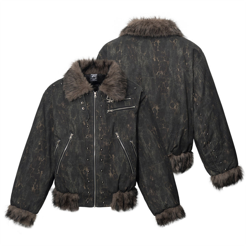 Men's Punk Bomber Jacket with Faux Fur Trim, Distressed Camo Print &