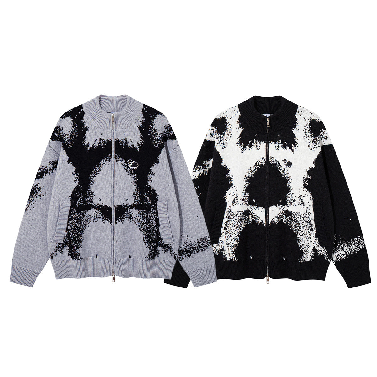 Abstract Bear Jacquard Knit Zip-Up Cardigan Sweater – Oversized High-Street
