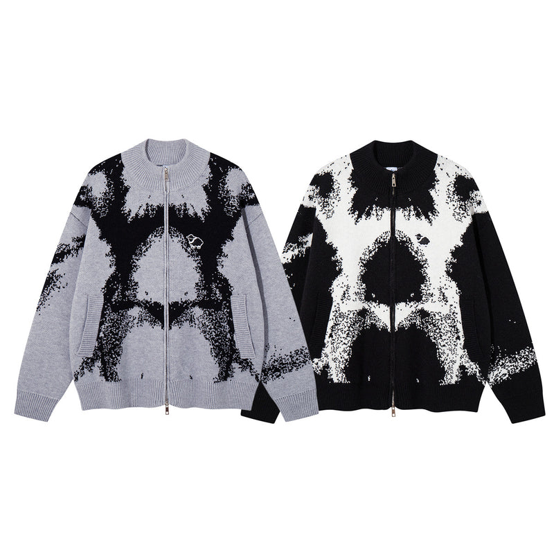 Abstract Bear Jacquard Knit Zip-Up Cardigan Sweater – Oversized High-Street