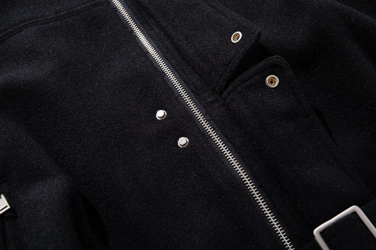 Oversized Wool-Blend Belted Bomber Jacket with Stand Collar