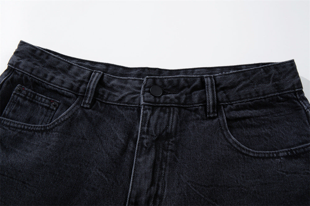 Star Embroidered Wide-Leg Jeans – Washed Black Denim with Side Floral Detail