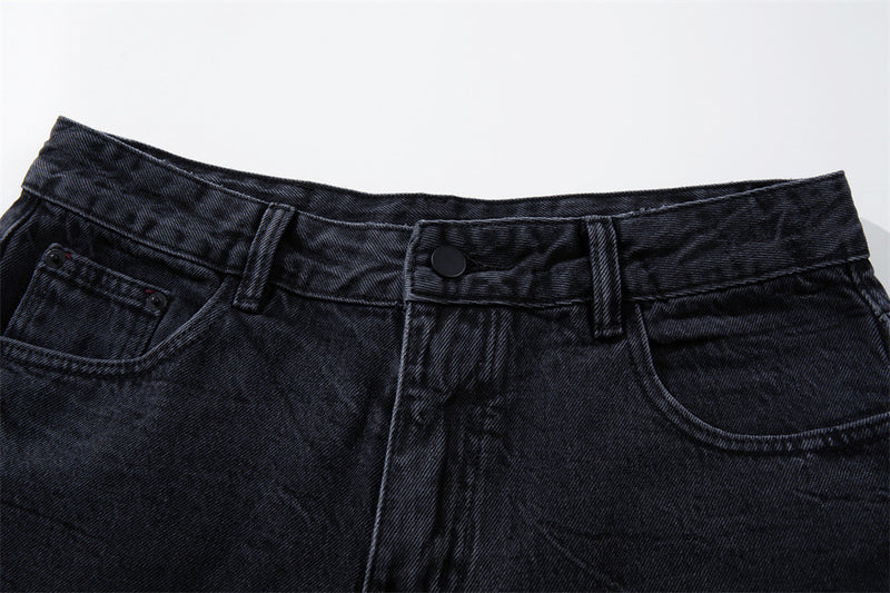 Star Embroidered Wide-Leg Jeans – Washed Black Denim with Side Floral Detail