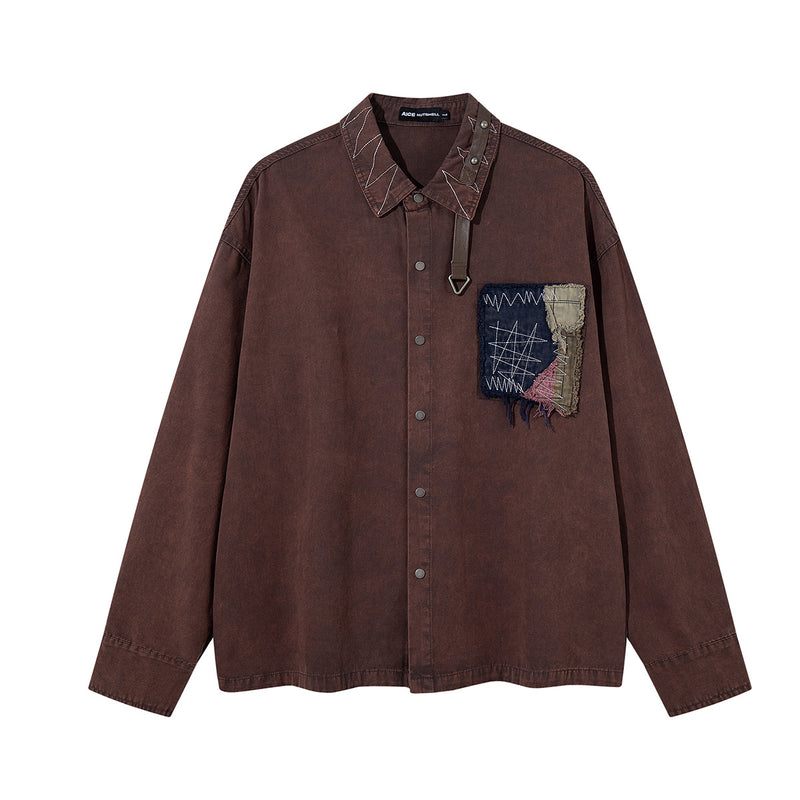 Washed Denim Shirt Jacket with Patchwork Pocket & Embroidered Collar