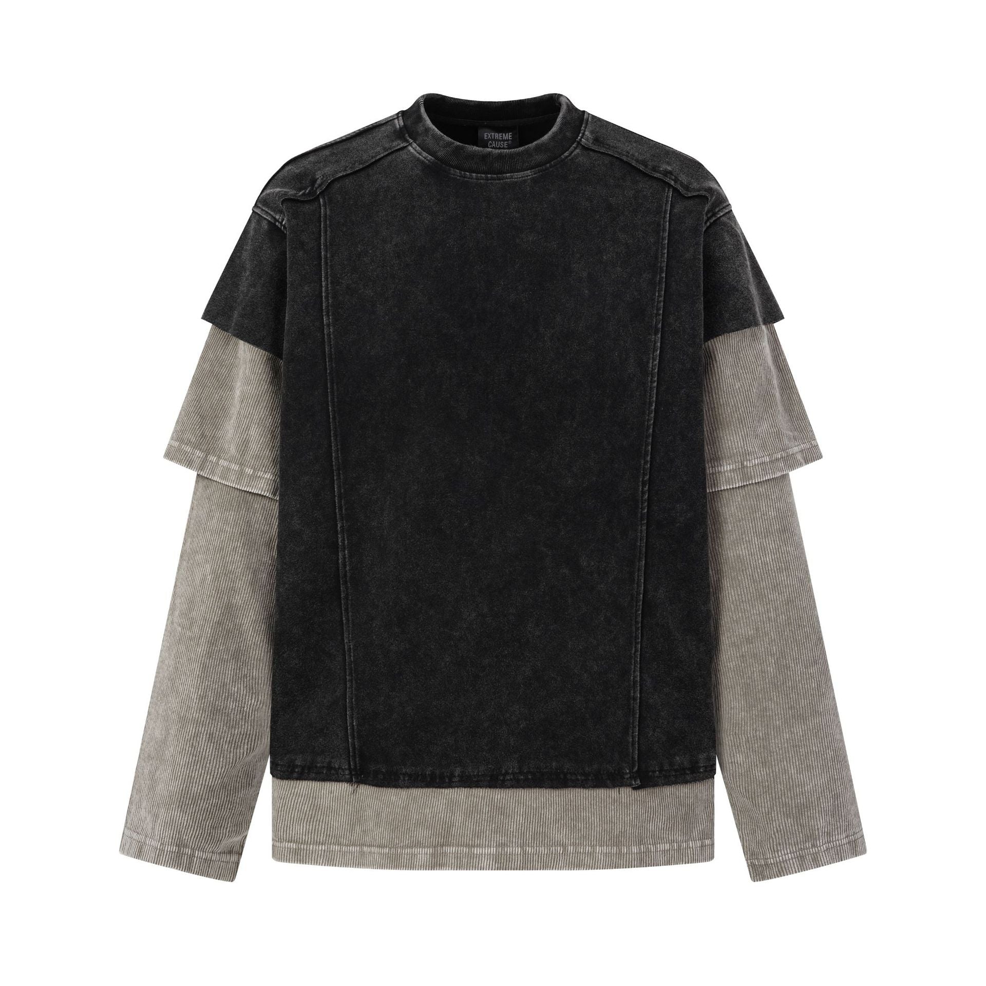 Sudadera efecto dos piezas para hombre, con lavado ácido y mangas largas de pana en contraste, en negro lavado, vista delantera