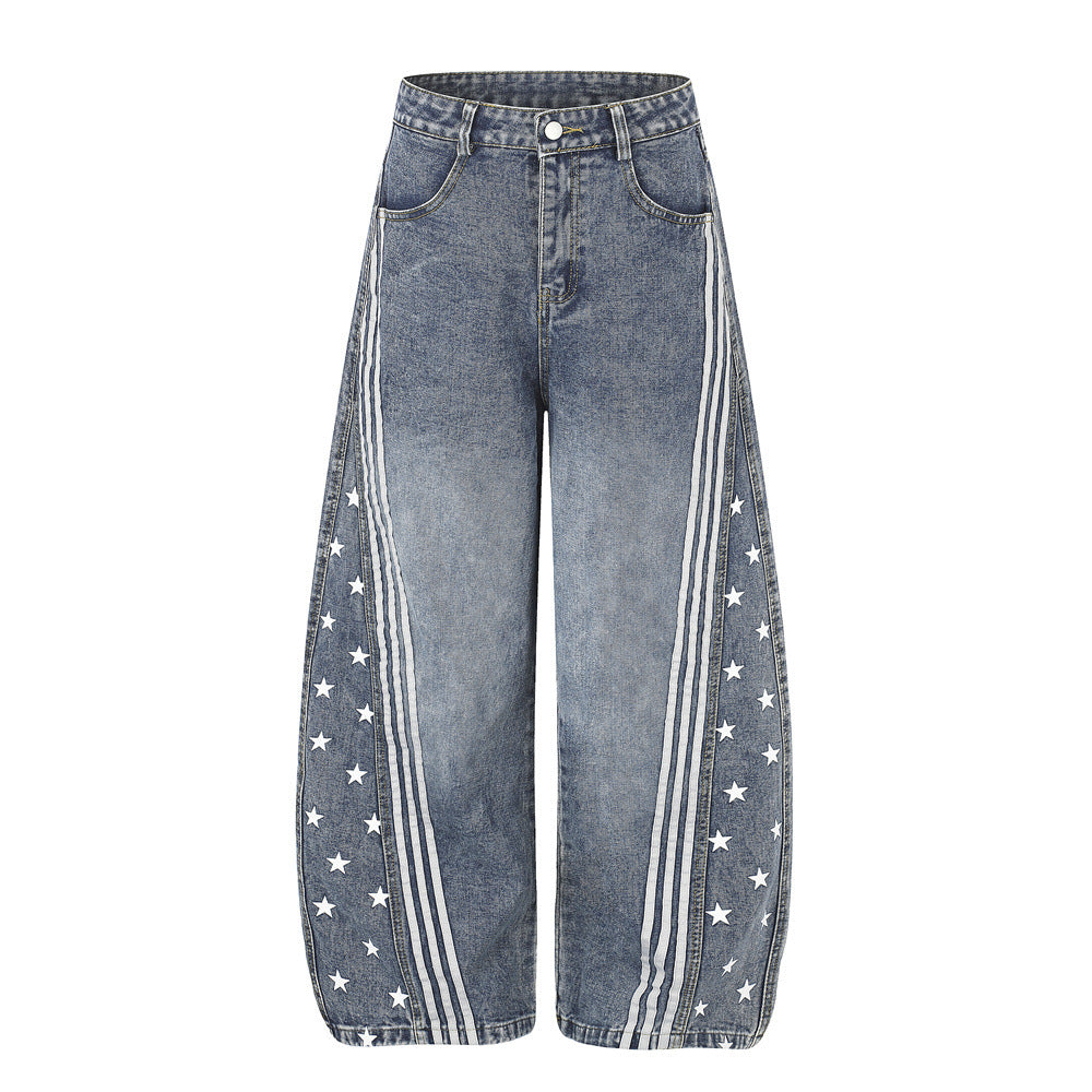 Baggy-Jeans für Herren in Schwarz – Sternprint & Wide-Leg-Denim mit drei Streifen
