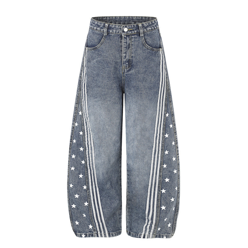 Baggy-Jeans für Herren in Schwarz – Sternprint & Wide-Leg-Denim mit drei Streifen